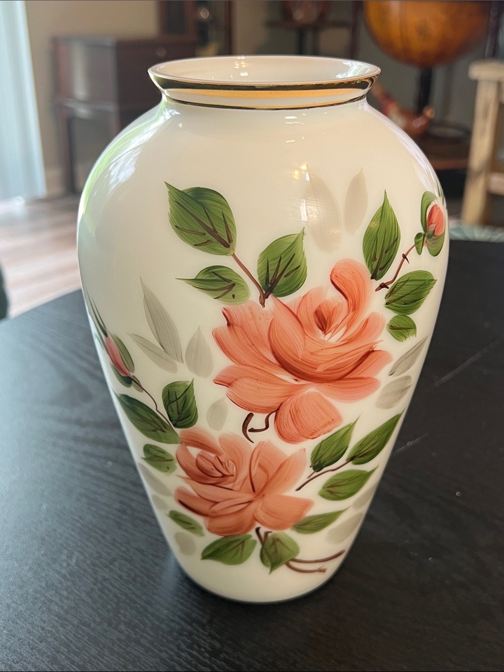 Vintage Tole Hand Painted Blown White Milk Glass Vase Pink Charleton Rose Style